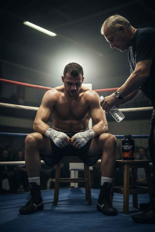 Boxer im Ring mit Trainer, Nahrungsergänzungsmittel für Sportler, Fitness und Leistung
