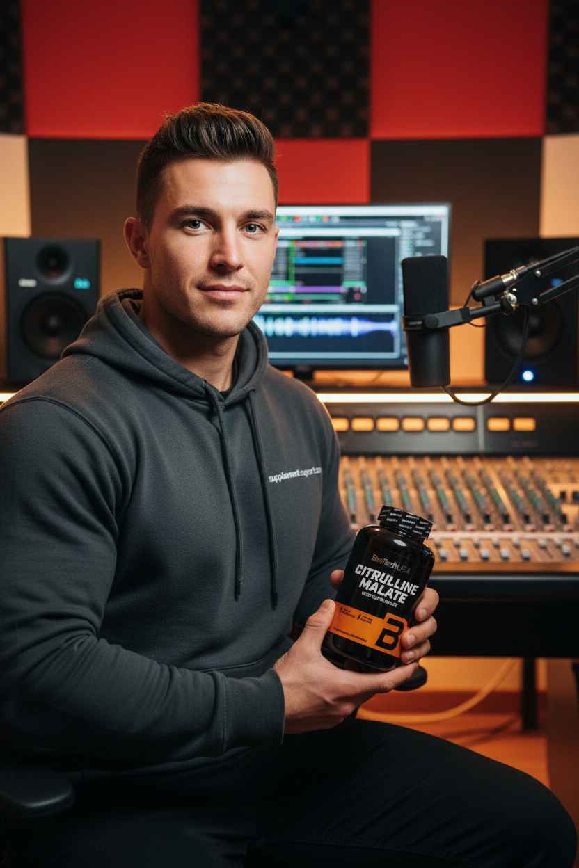 Mann mit Citrullin-Malat-Flasche im Studio, Nahrungsergänzung für Sportler