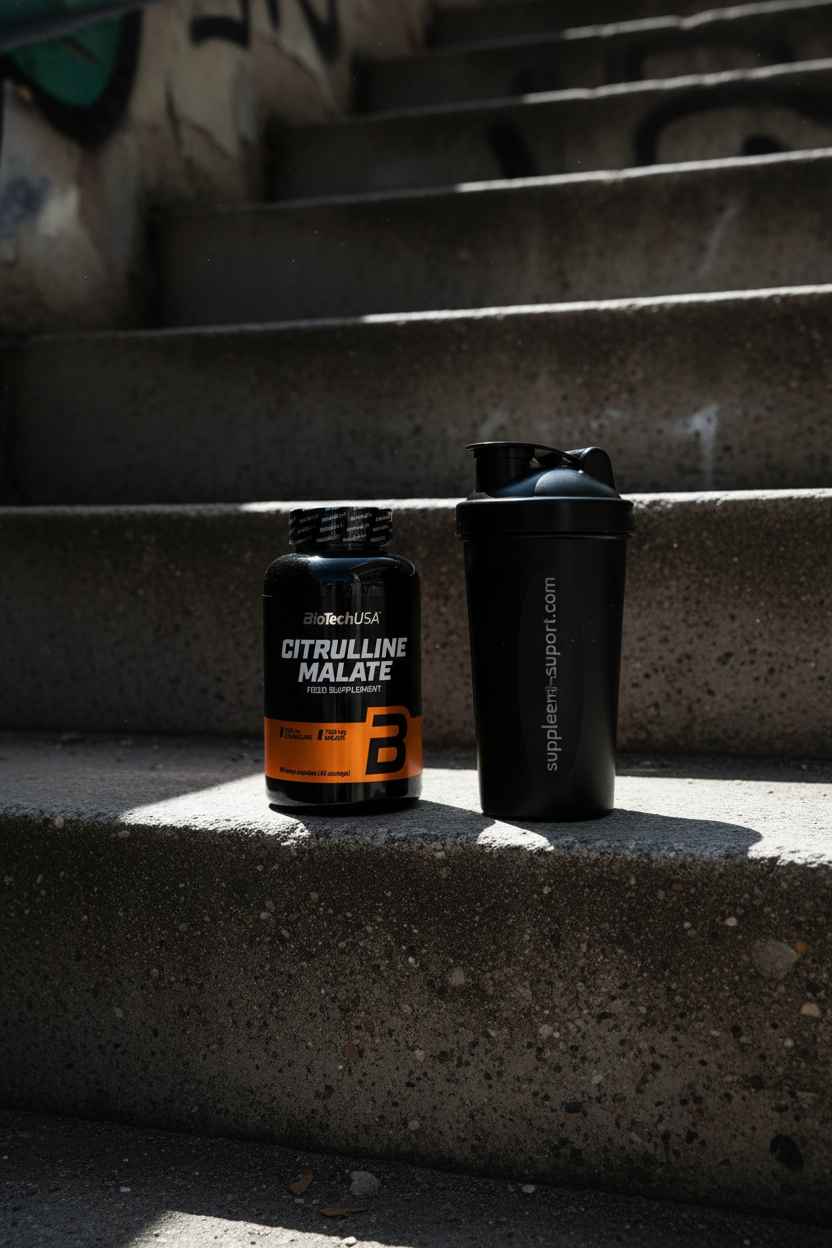 Citrulline Malate Supplement und Shaker auf Betontreppe – ideal für Sportler und Fitness