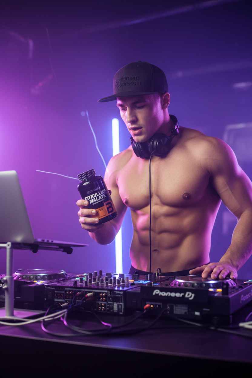 Muskulöser Mann mit Citrulline Malate-Flasche vor DJ-Pult, Fitness- und Sportnahrung für Athleten