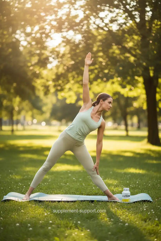 Frau macht Yoga im Park mit L-Lysin Supplement für Sportler und Fitness