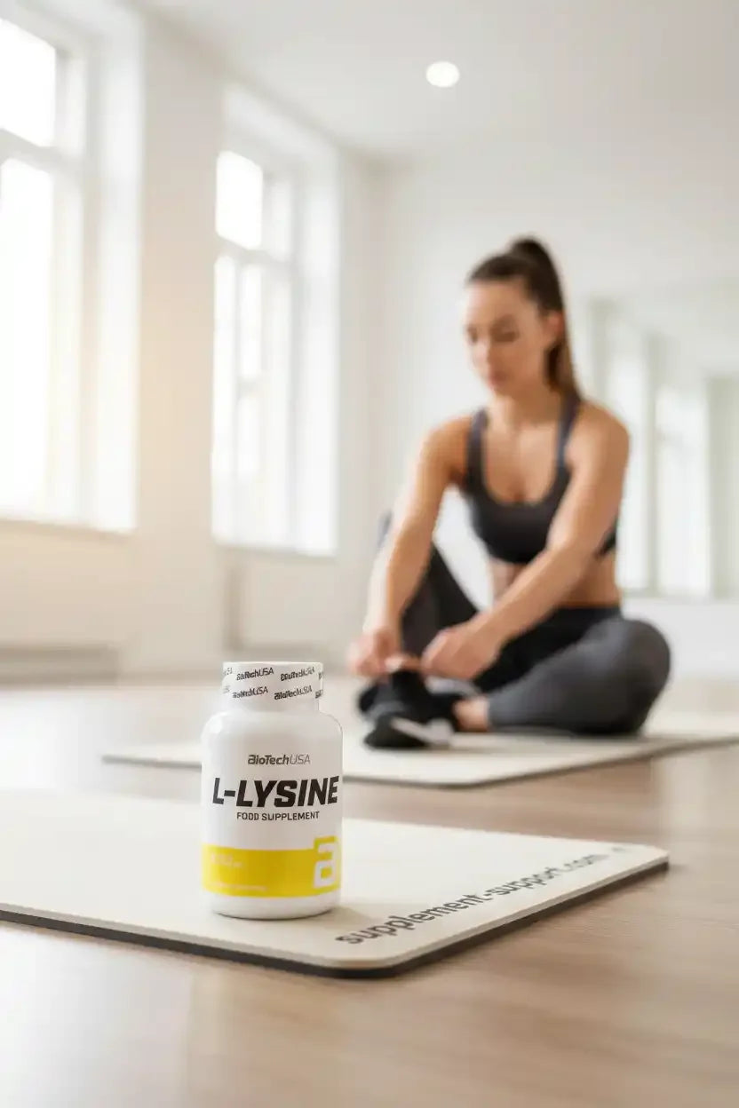 BioTechUSA L-Lysine Nahrungsergänzungsmittel vor Sportlerin im Fitnessstudio