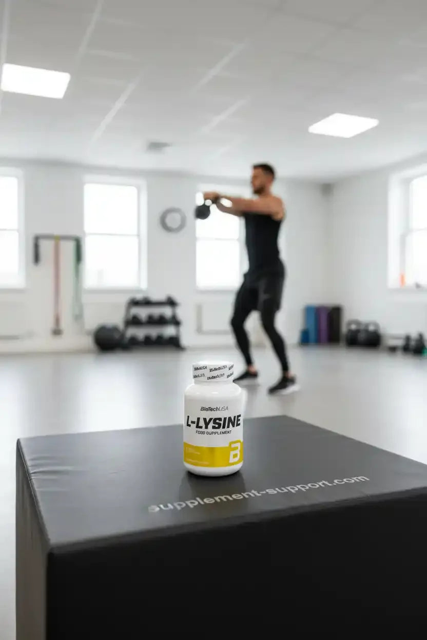 L-Lysin Nahrungsergänzungsmittel im Fitnessstudio vor Sportler mit Kettlebell