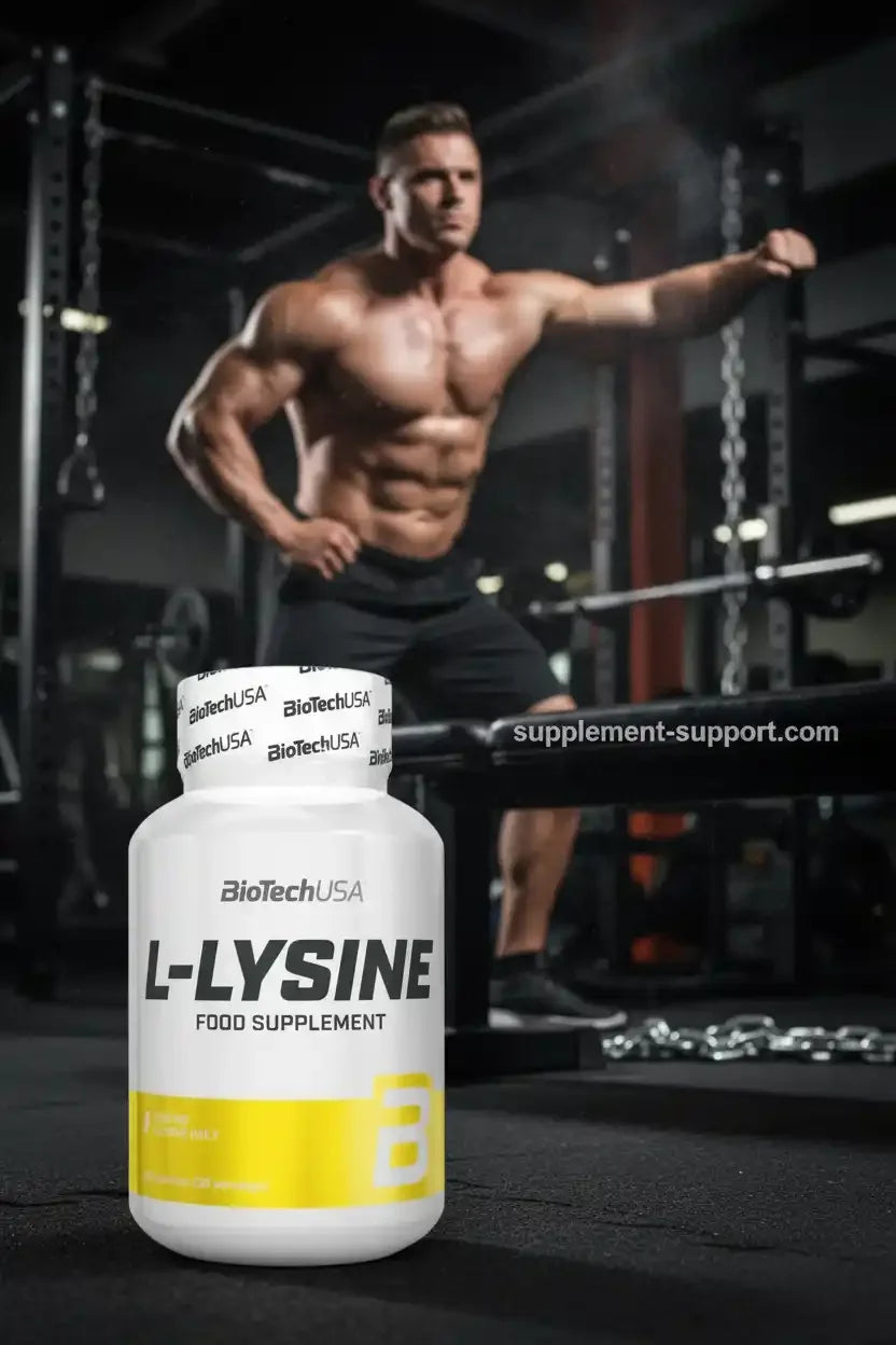 BioTechUSA L-Lysine Nahrungsergänzungsmittel im Fitnessstudio mit muskulösem Athleten