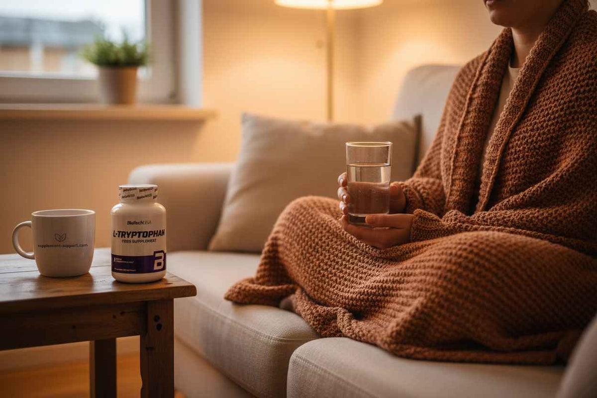 Person mit L-Tryptophan Nahrungsergänzungsmittel und Wasser auf Sofa, entspannte Atmosphäre