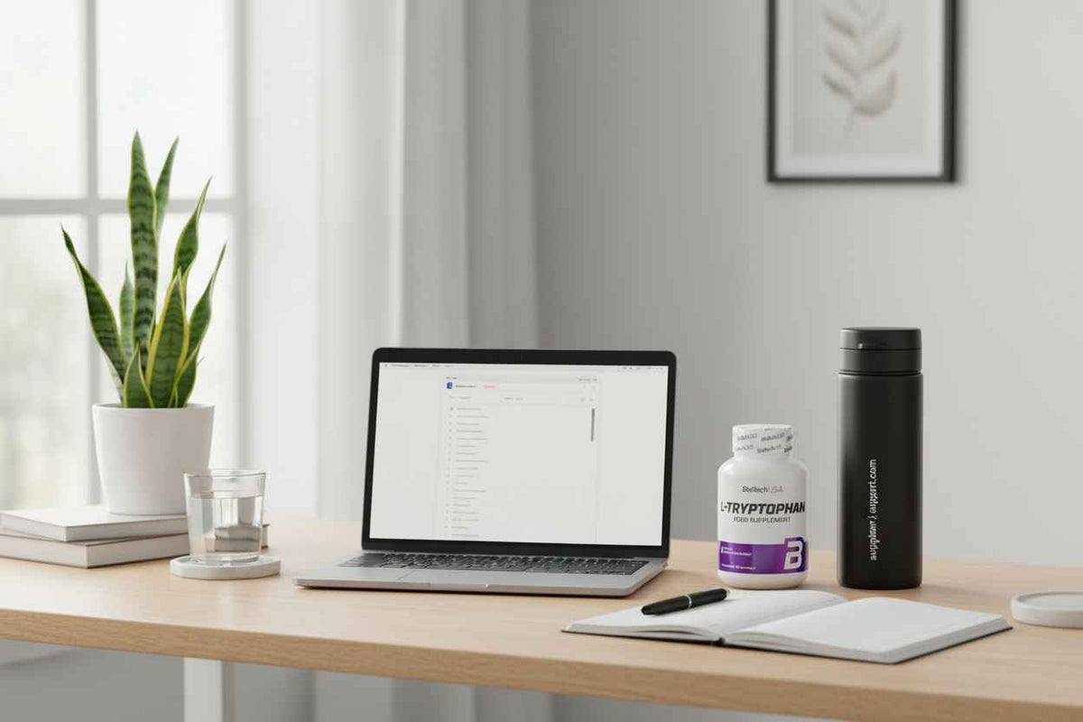 L-Tryptophan Nahrungsergänzungsmittel auf Schreibtisch neben Laptop und Trinkflasche für Sportler