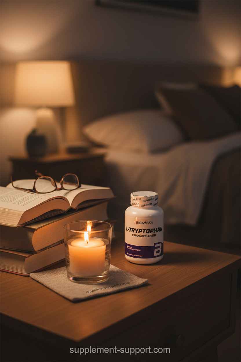 L-Tryptophan Nahrungsergänzungsmittel Flasche auf Nachttisch mit Kerze, Buch und Brille im Schlafzimmer