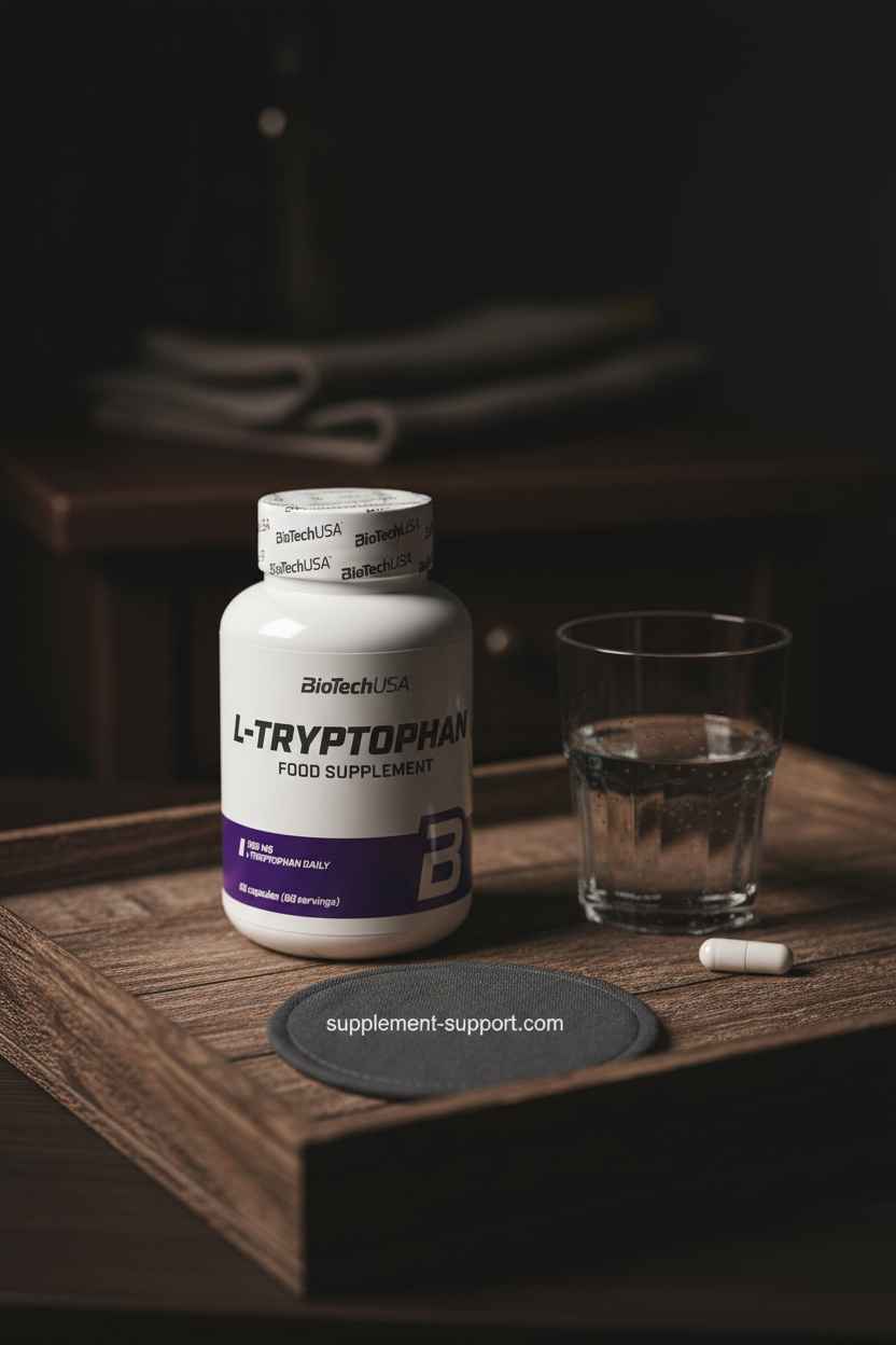 L-Tryptophan Nahrungsergänzungsmittel von BioTechUSA mit Wasser und Kapsel auf Holztablett