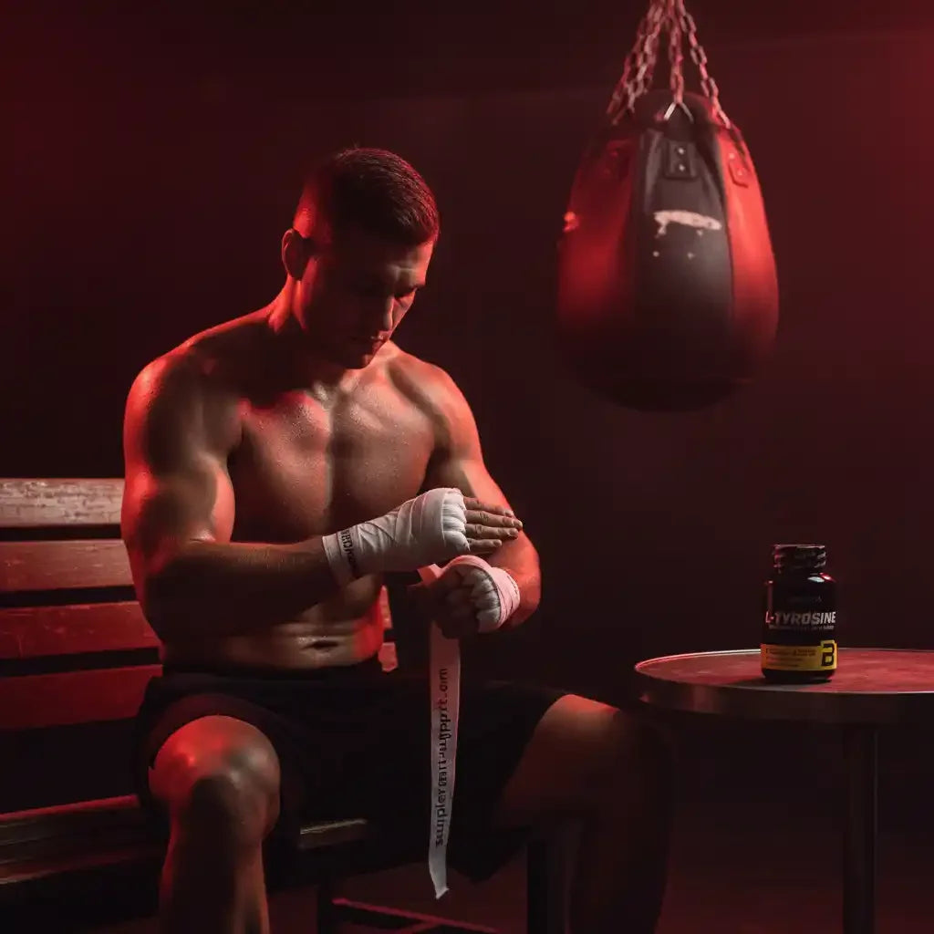 Athlet wickelt Boxbandagen, neben ihm L-Tyrosine Nahrungsergänzung für Sportler im Fitnessstudio