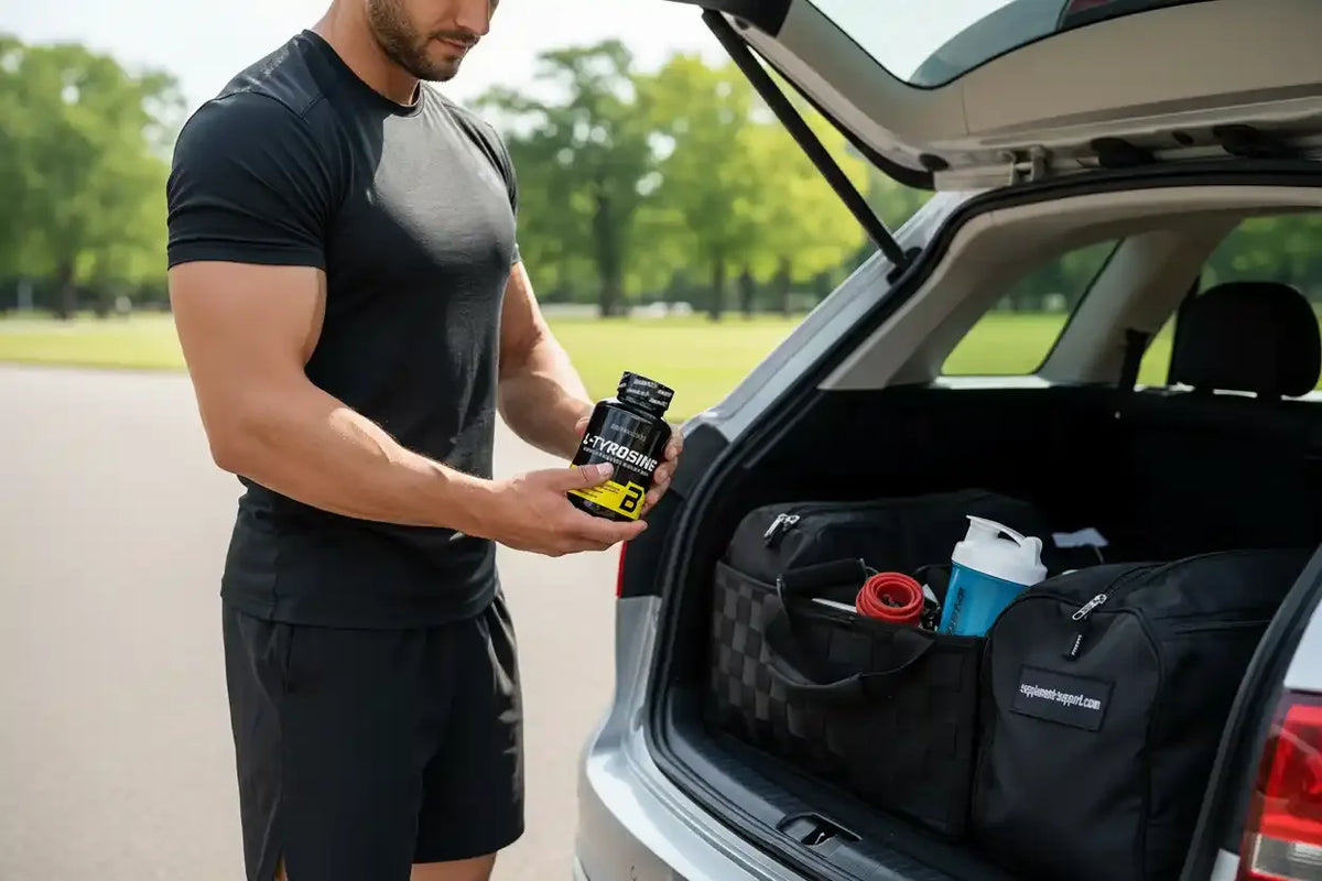 Muskulöser Mann mit L-Tyrosin-Flasche am Auto, Fitness- und Sportnahrung für Athleten