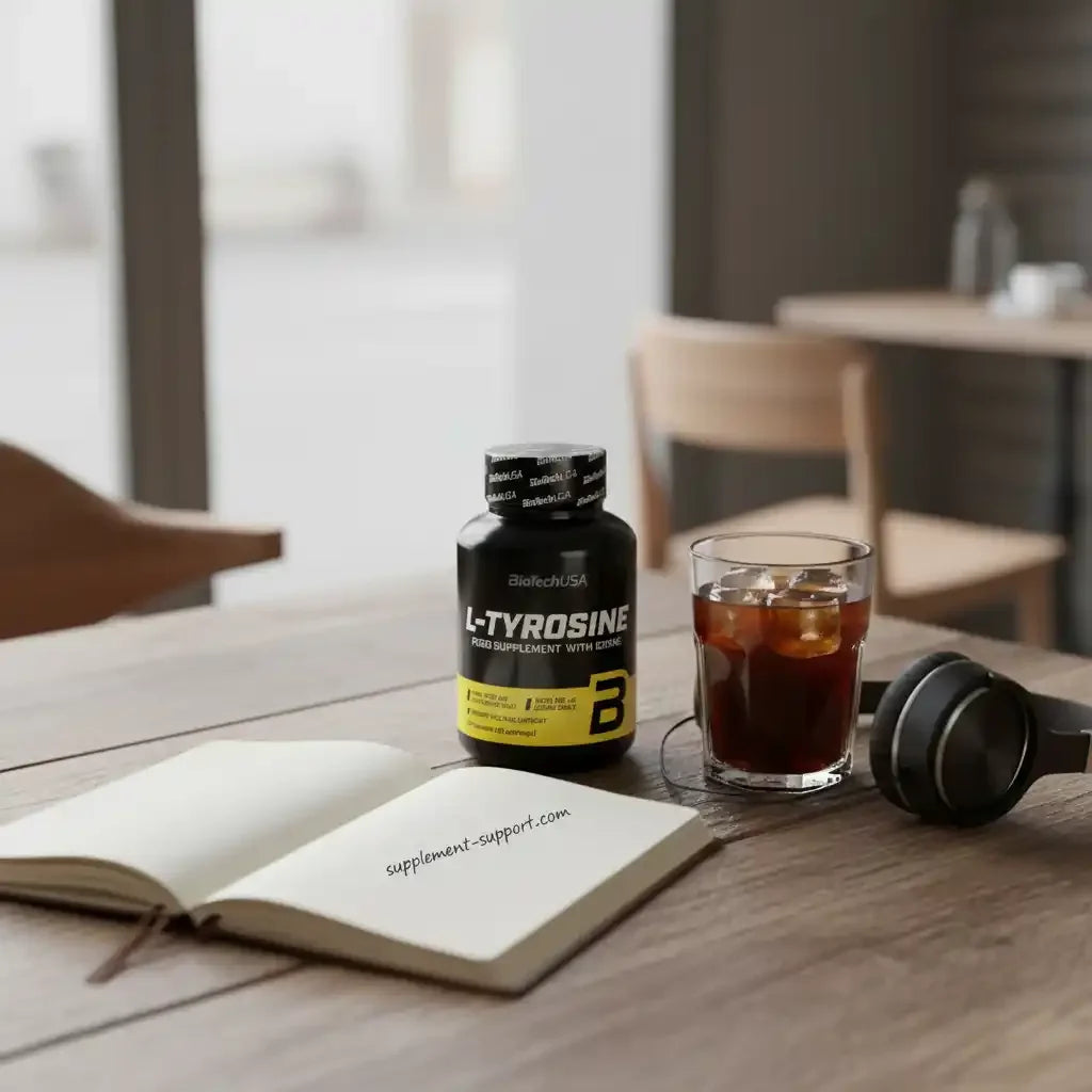 L-Tyrosine Nahrungsergänzungsmittel mit Koffein, ideal für Sportler und Fitness, auf Holztisch mit Notizbuch und Getränk