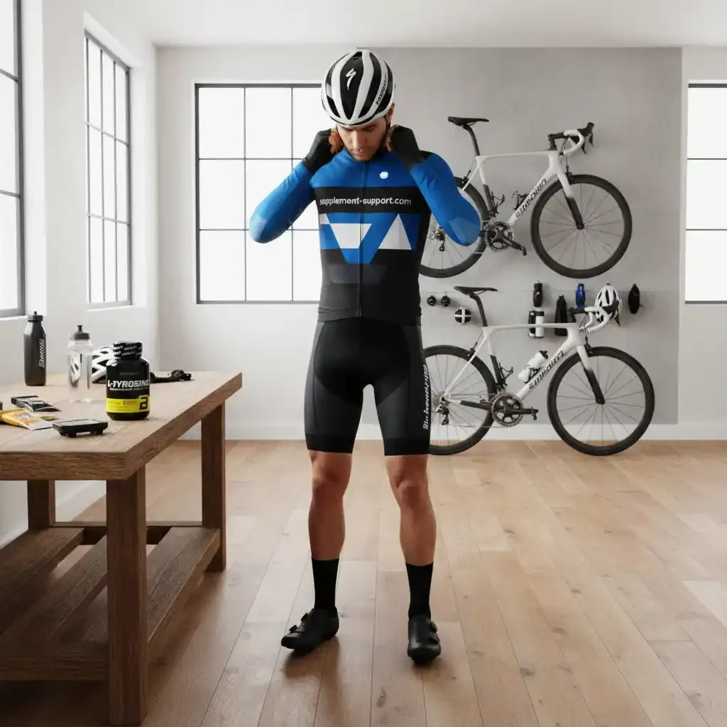 Radfahrer in blau-schwarzem Trikot mit Supplement-Support-Logo, bereit für Training mit Rennrad und Nahrungsergänzung
