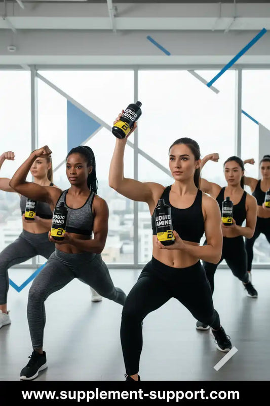 Frauen mit Liquid Amino Flaschen im Fitnessstudio, Sportnahrung für Kraft und Ausdauer