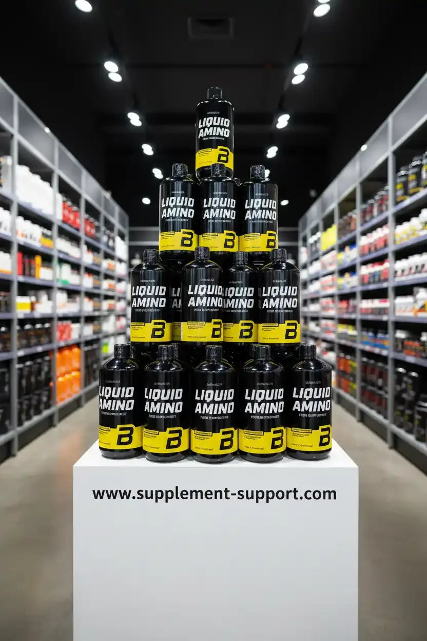 Liquid Amino Nahrungsergänzung in Pyramidenform im Fitness-Shop, ideal für Sportler und Athleten