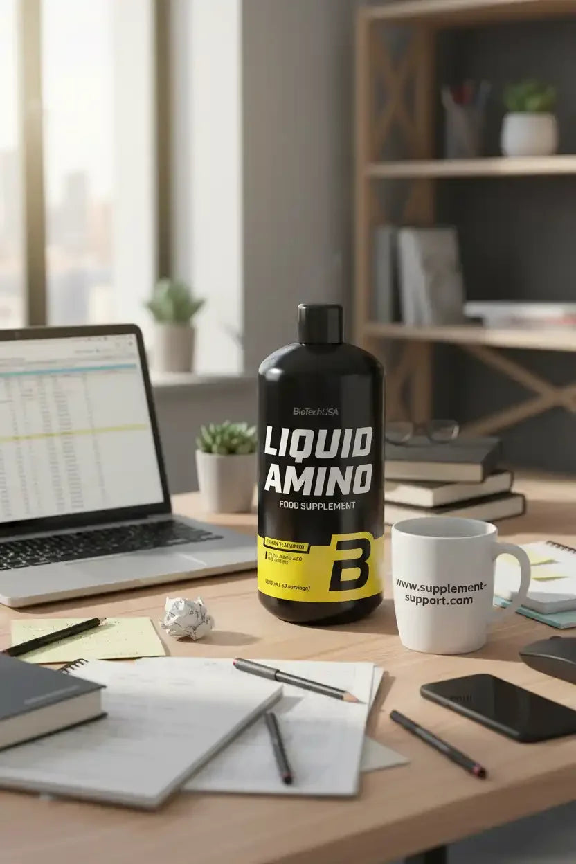 Liquid Amino Nahrungsergänzung auf Schreibtisch mit Laptop und Tasse