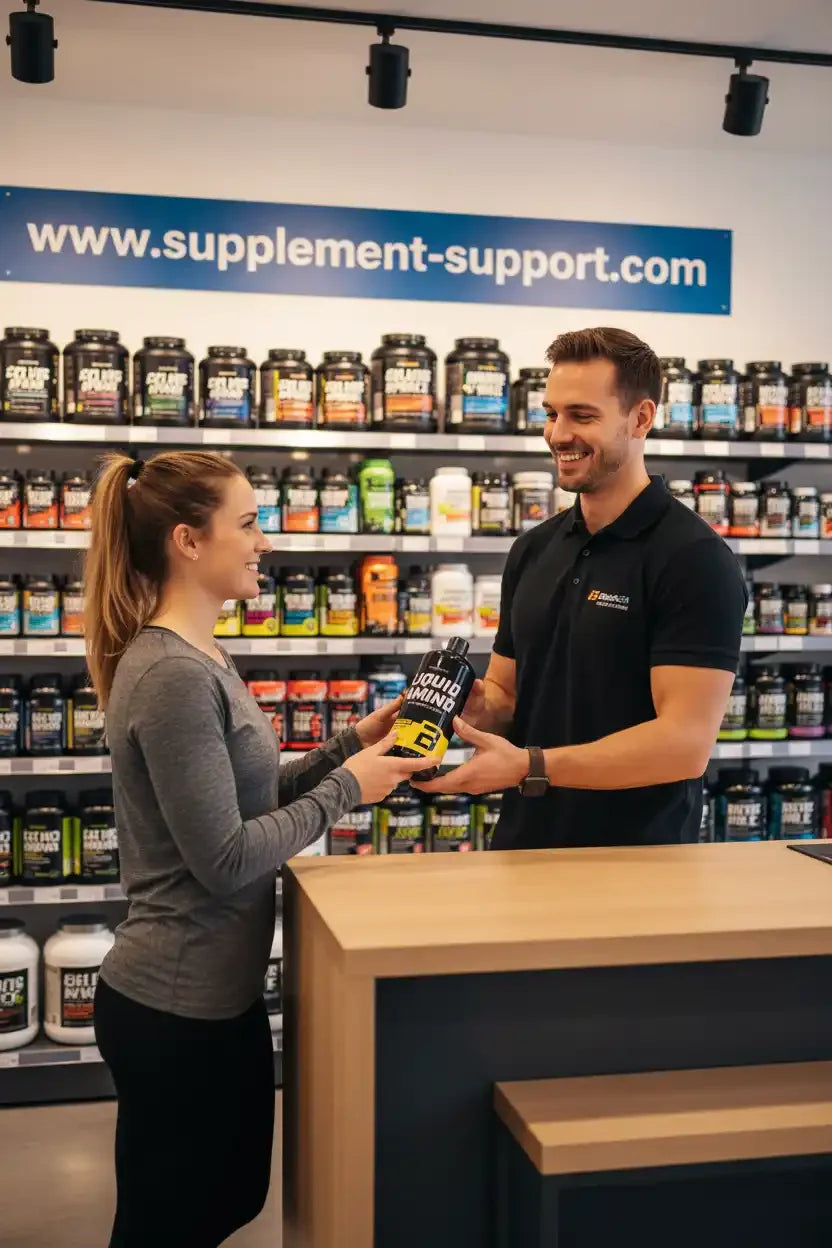 Mitarbeiter überreicht Liquid Amino Supplement in Sportnahrungsgeschäft