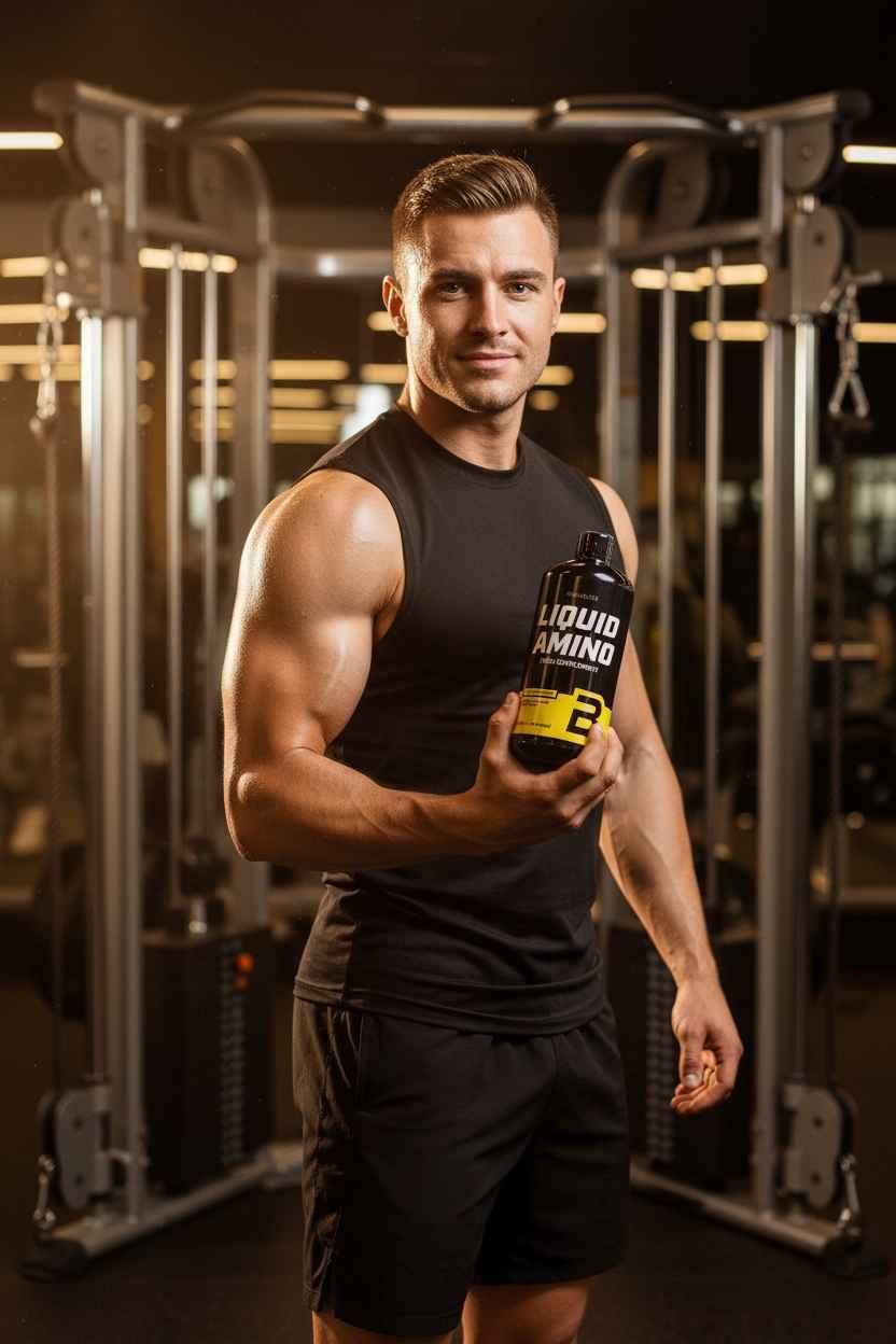 Muskulöser Mann im Fitnessstudio hält eine Flasche Liquid Amino Sportnahrung.