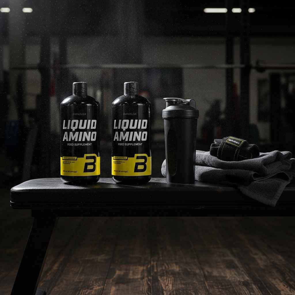 Zwei Flaschen Liquid Amino Nahrungsergänzung und ein Shaker auf einer Hantelbank im Fitnessstudio.
