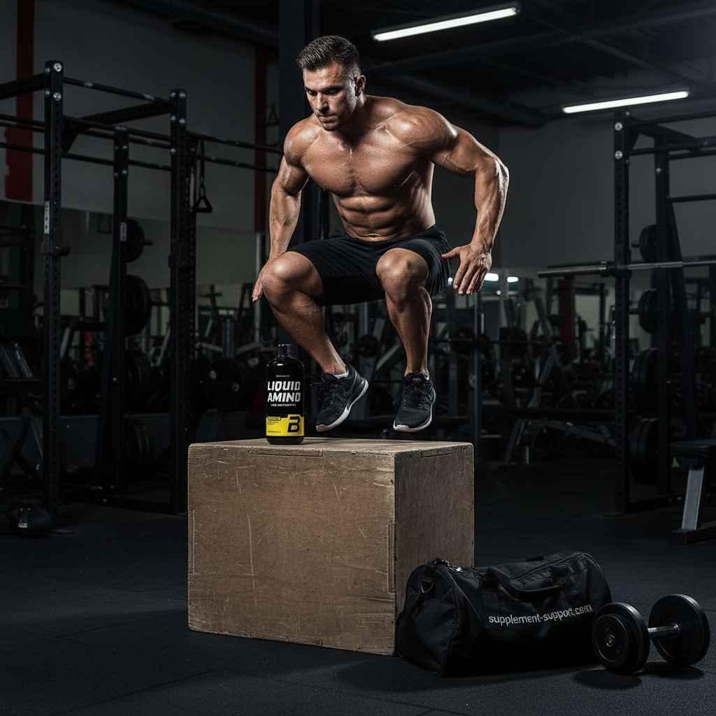 Muskulöser Mann macht Box Jumps im Fitnessstudio mit Nahrungsergänzungsmitteln.