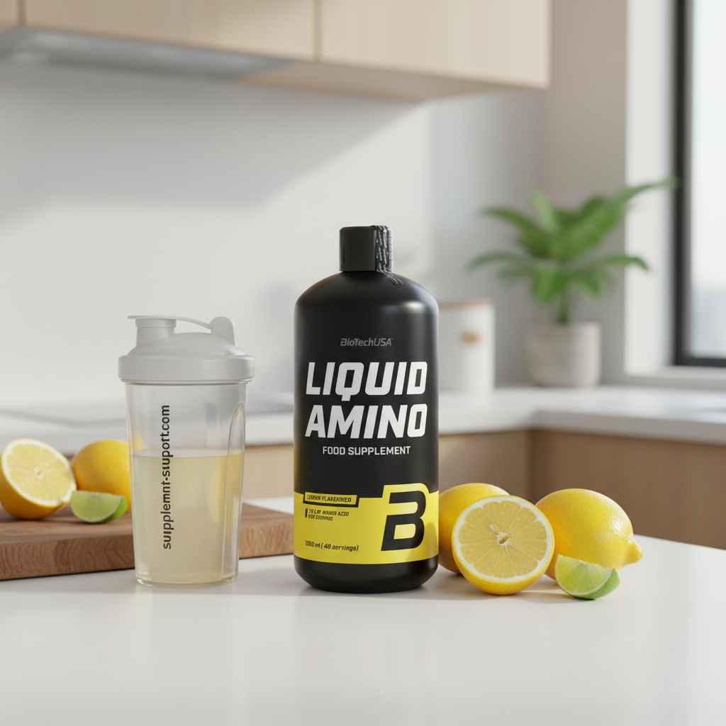 BiotechUSA Liquid Amino Nahrungsergänzungsmittel mit Zitronen in einer Küche.