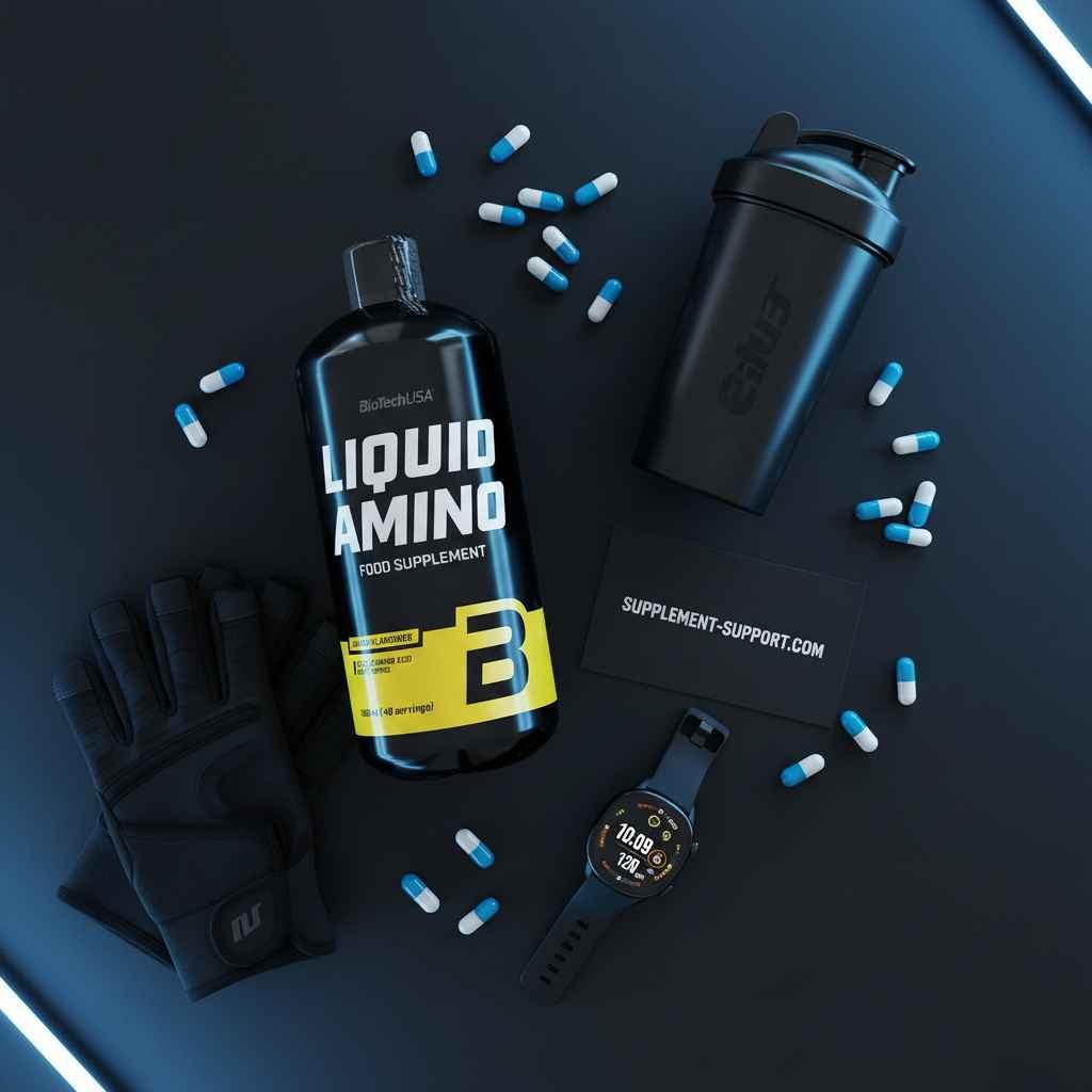 BioTechUSA Liquid Amino Nahrungsergänzung mit Shaker, Sportuhr und Handschuhen auf dunklem Hintergrund