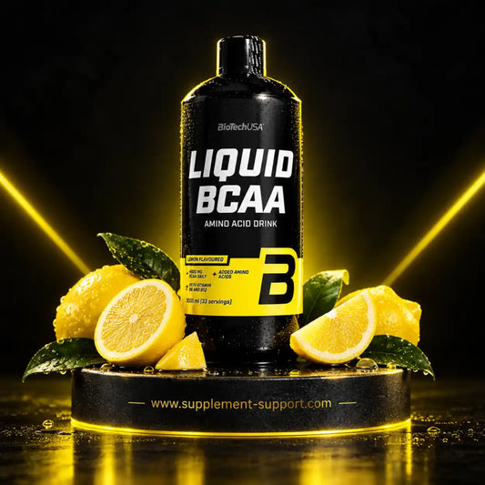 BioTech USA Liquid BCAA Zitronengeschmack 1000ml Flasche mit frischen Zitronenscheiben