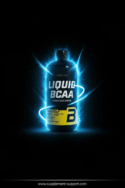 BiotechUSA Liquid BCAA Aminosäure-Getränk in einer dunklen Flasche mit blauen Lichteffekten