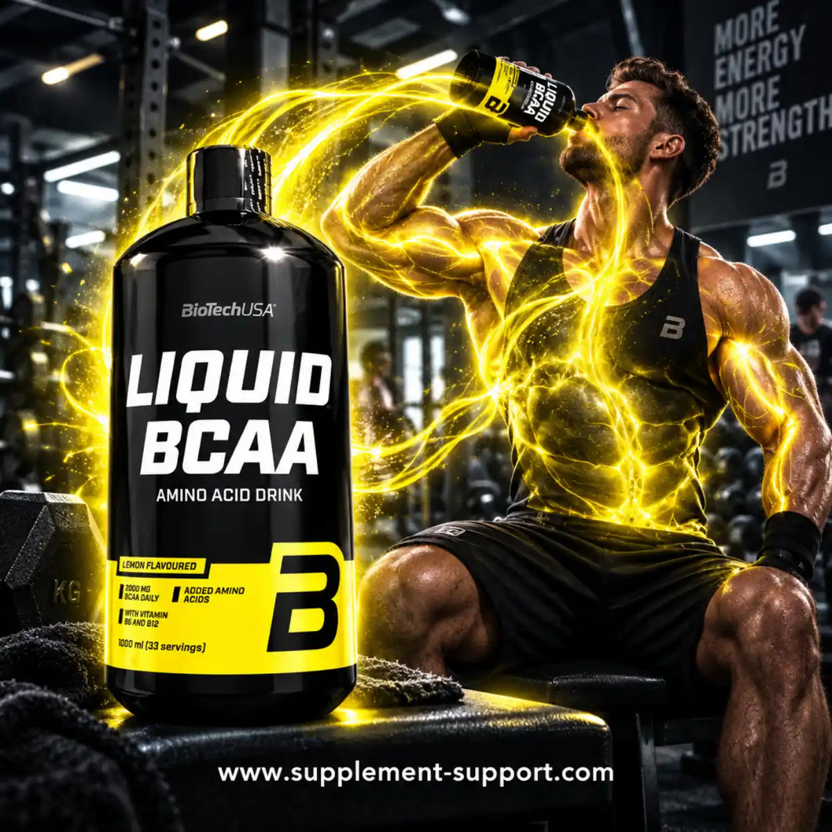 BioTech USA Liquid BCAA Aminosäuren-Getränk in einem Fitnessstudio mit muskulösem Athleten.