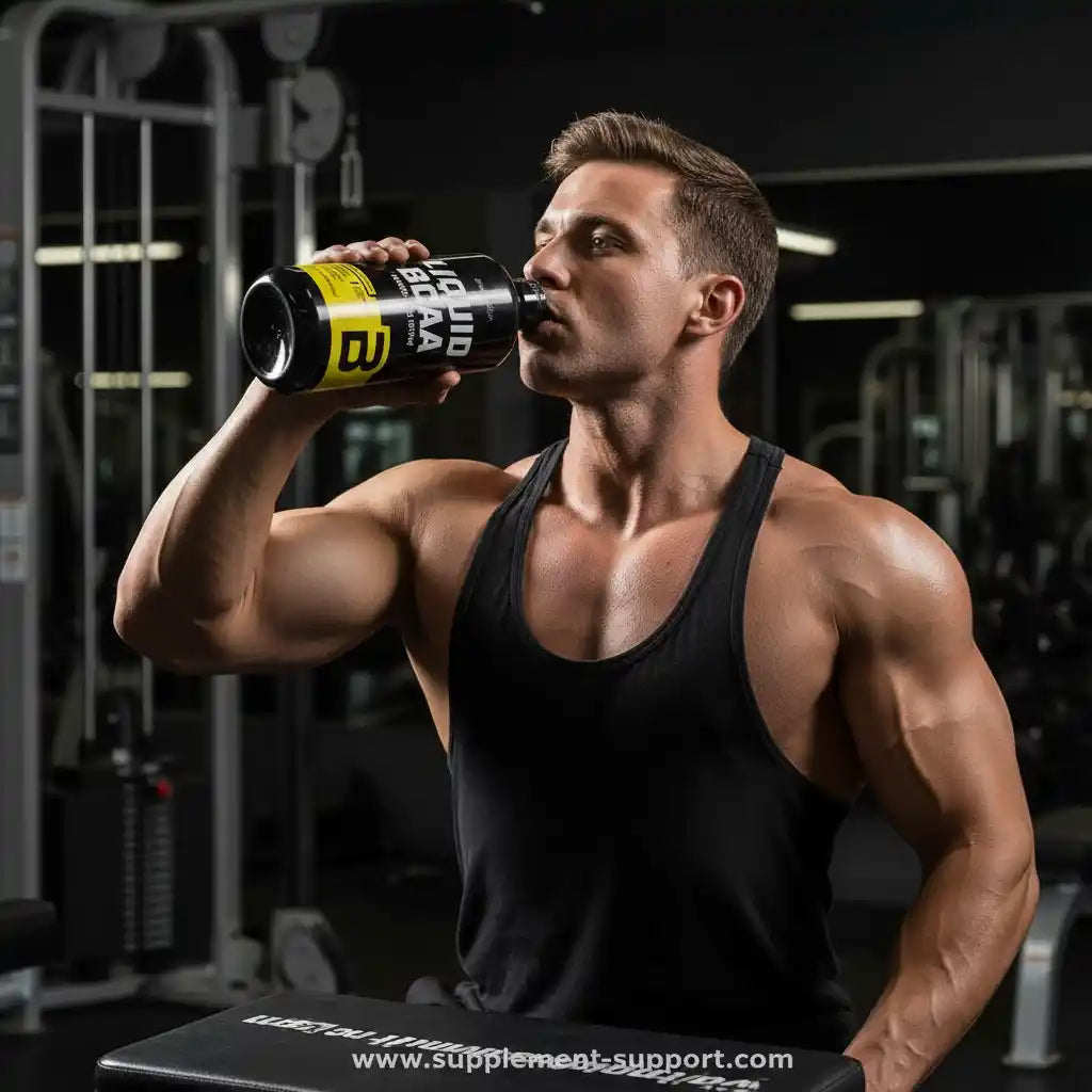 Muskulöser Mann trinkt Liquid BCAA Supplement im Fitnessstudio.