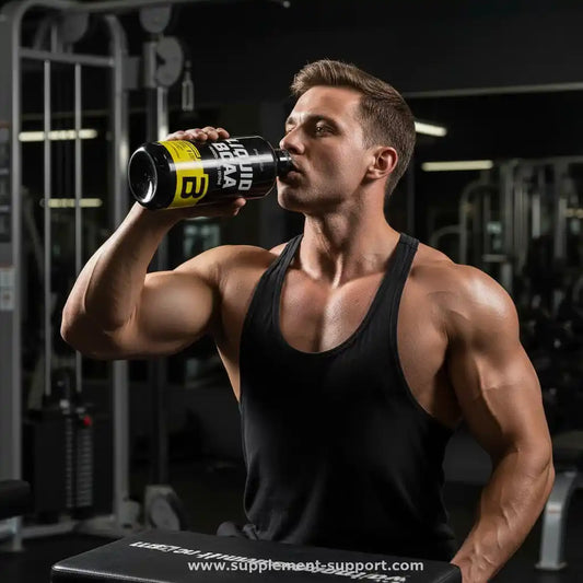 Muskulöser Mann trinkt Liquid BCAA Supplement im Fitnessstudio.