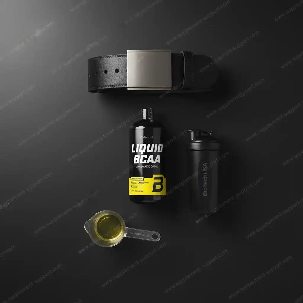 BiotechUSA Liquid BCAA Aminosäure-Getränk mit Shaker und Gürtel auf dunklem Hintergrund