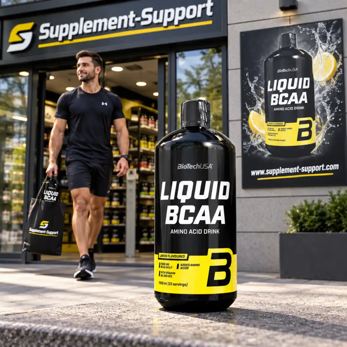 BioTech USA Liquid BCAA 1000ml Aminosäure-Drink vor einem Supplement-Support Geschäft