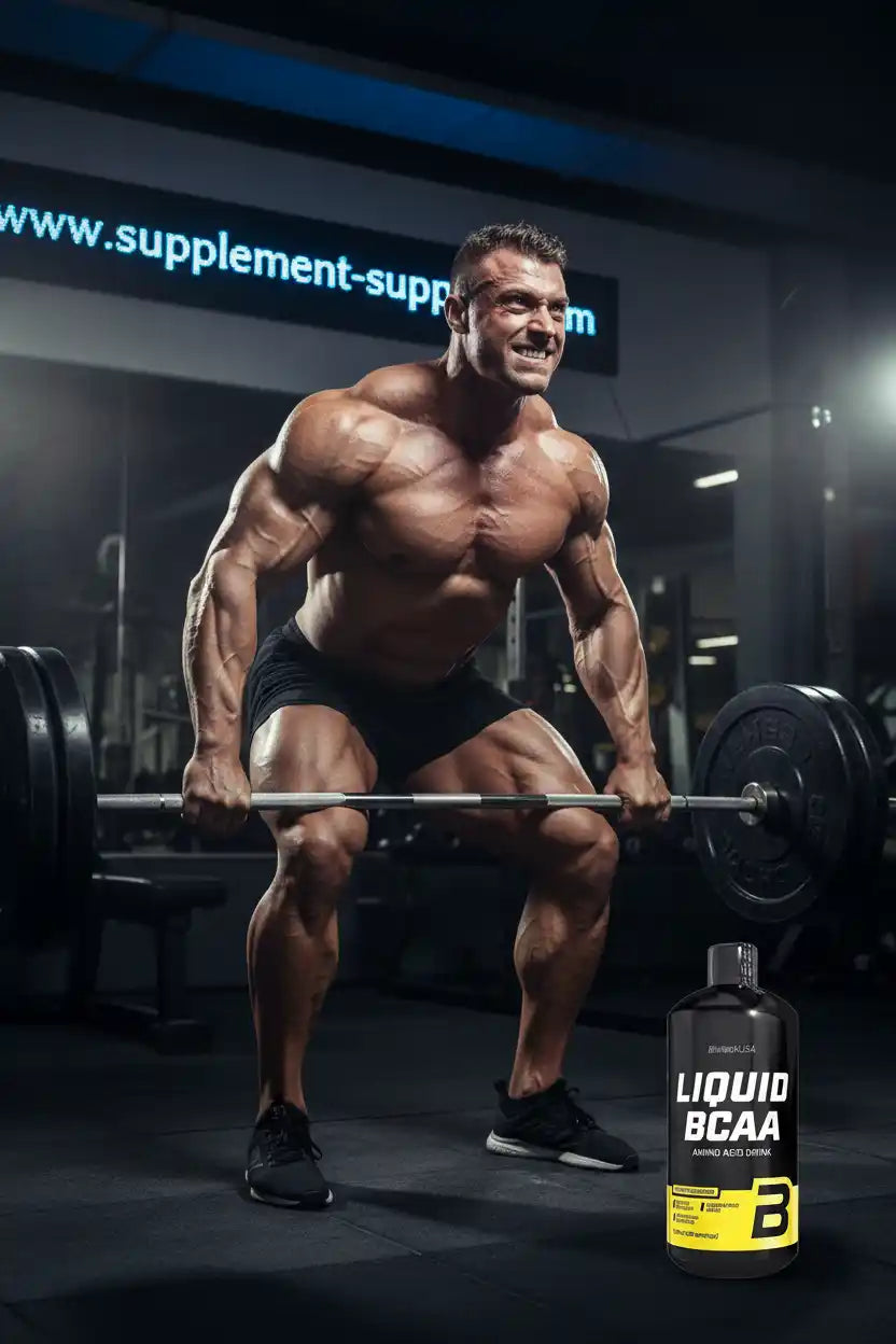 Muskulöser Bodybuilder beim Training mit Langhantel im Fitnessstudio.