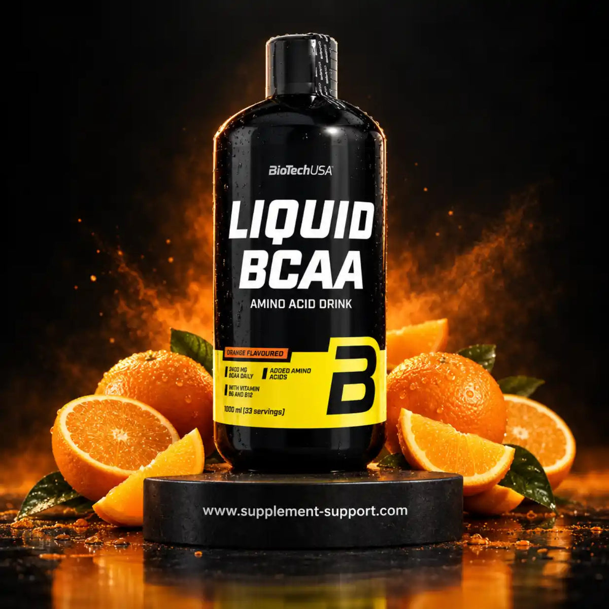 BioTech USA Liquid BCAA Aminosäure-Getränk mit Orangengeschmack und frischen Orangen.
