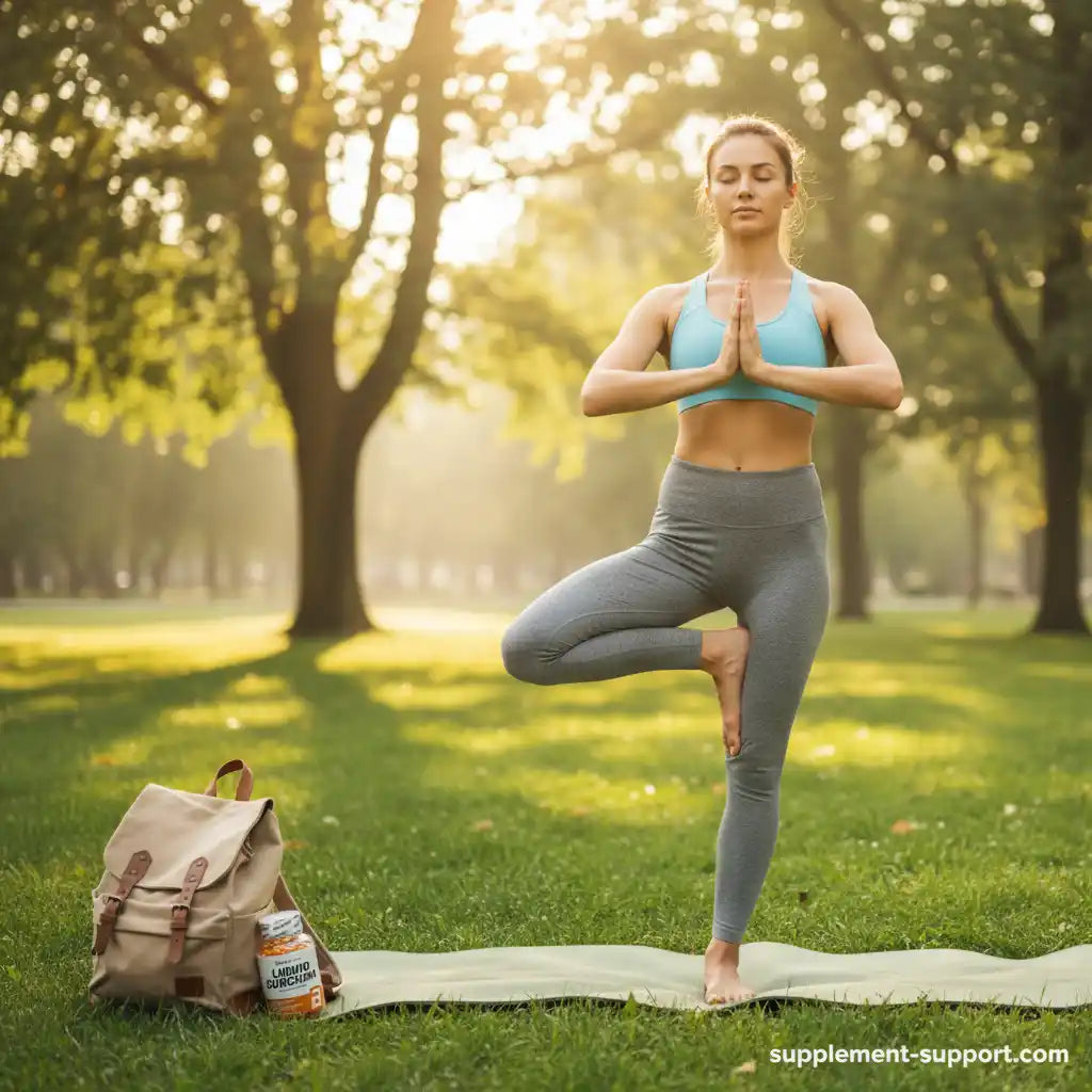 Frau macht Yoga im Park mit Nahrungsergänzungsmittel – Fitness & Sportnahrung für Athleten