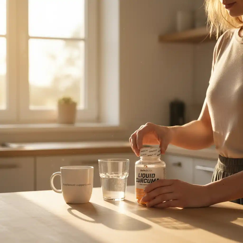 Frau öffnet Flasche Liquid Curcuma Nahrungsergänzung im Sonnenlicht, ideal für Sportler und Fitness
