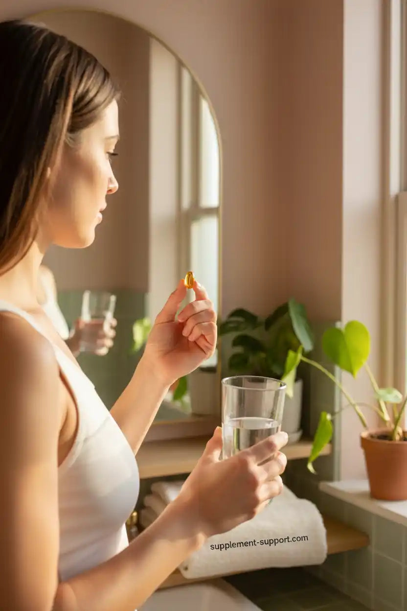 Frau nimmt Nahrungsergänzungsmittel mit Wasser ein – ideal für Fitness und Sportler