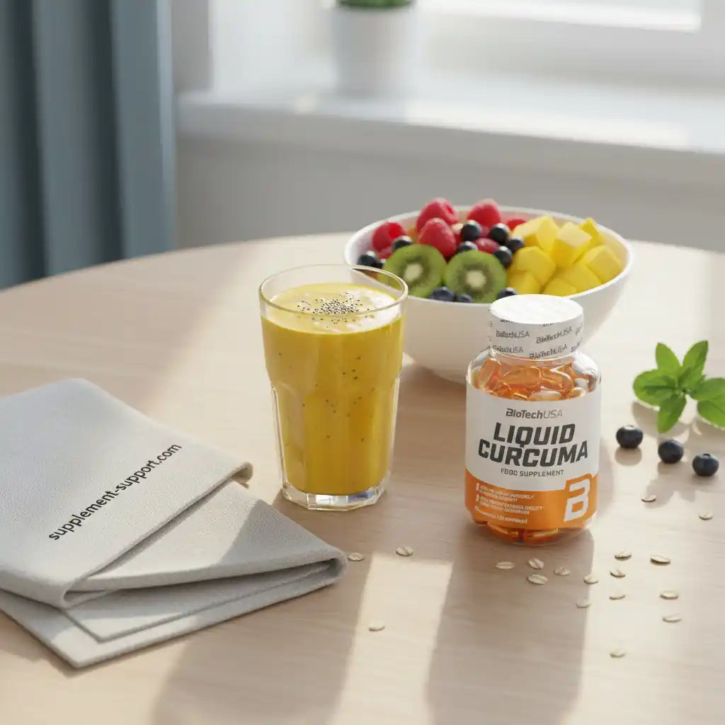 Flüssiger Kurkuma-Supplement mit Smoothie und frischem Obst für Sportler und Fitness-Enthusiasten