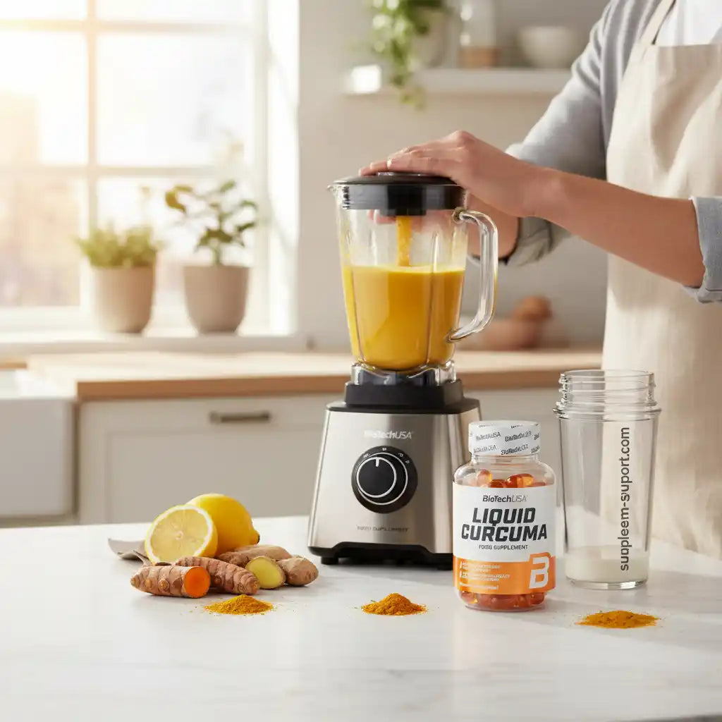Liquid Curcuma Nahrungsergänzungsmittel mit Blender und frischem Kurkuma in der Küche