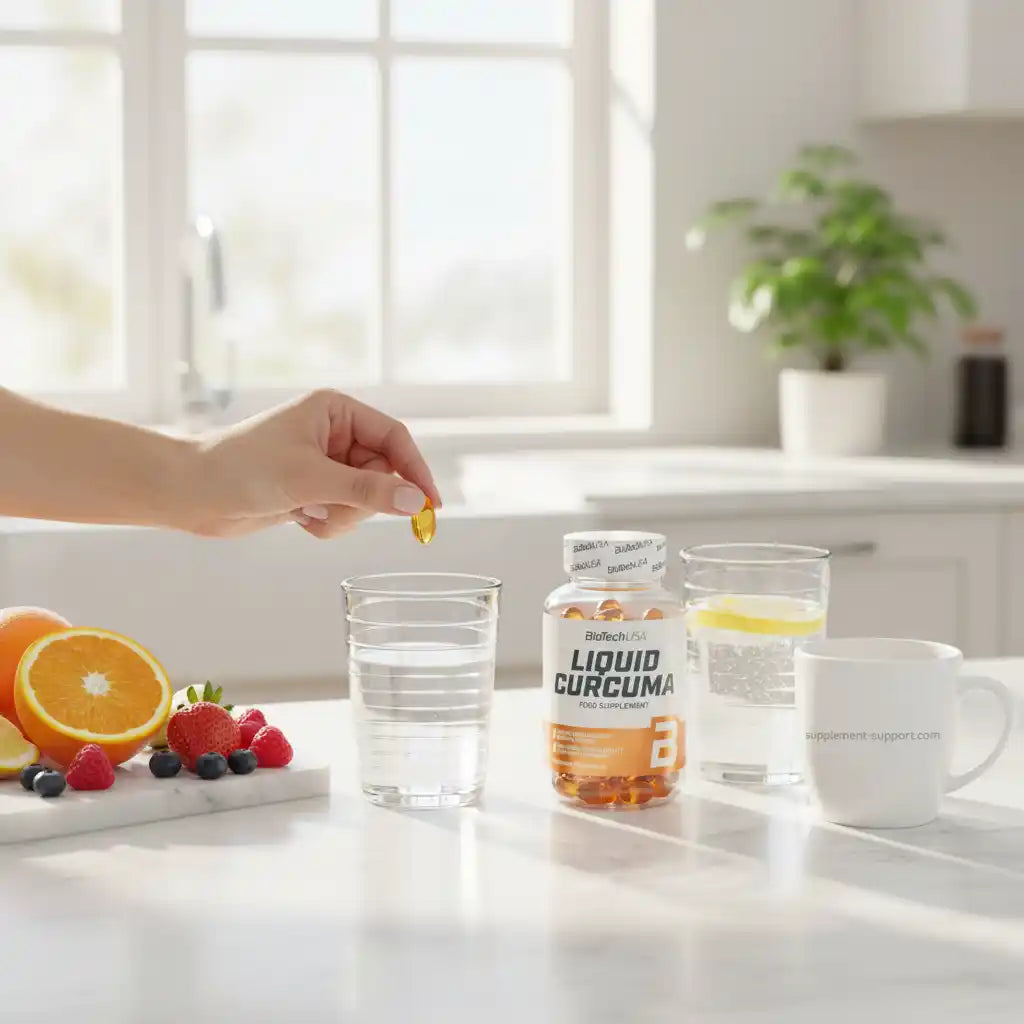 Flüssige Kurkuma-Kapsel in der Hand über einem Glas Wasser, umgeben von frischem Obst und Nahrungsergänzungsmitteln