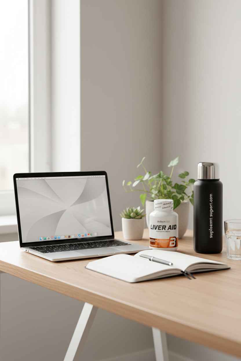 Liver Aid Nahrungsergänzungsmittel auf Schreibtisch mit Laptop, Notizbuch und Trinkflasche für Sportler und Fitness