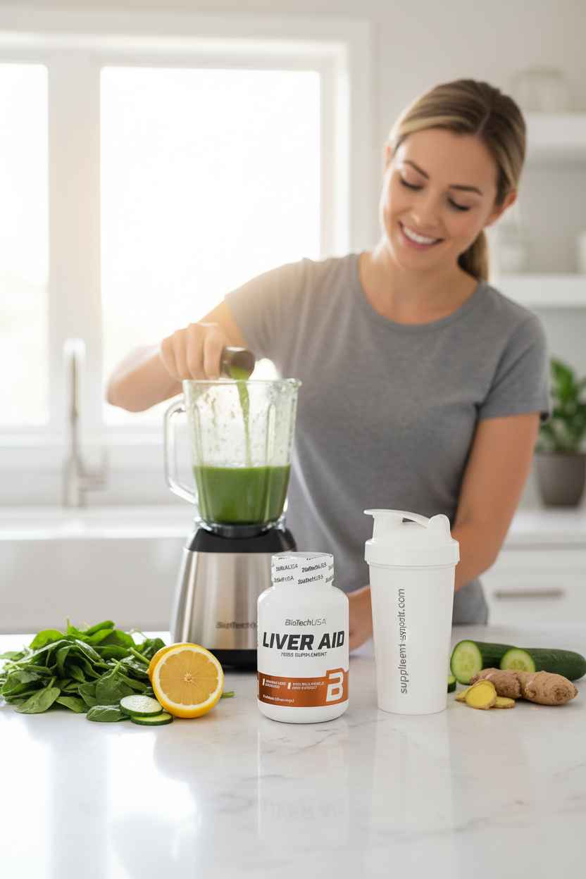 Frau bereitet grünen Smoothie mit Liver Aid Supplement und frischem Gemüse in der Küche zu