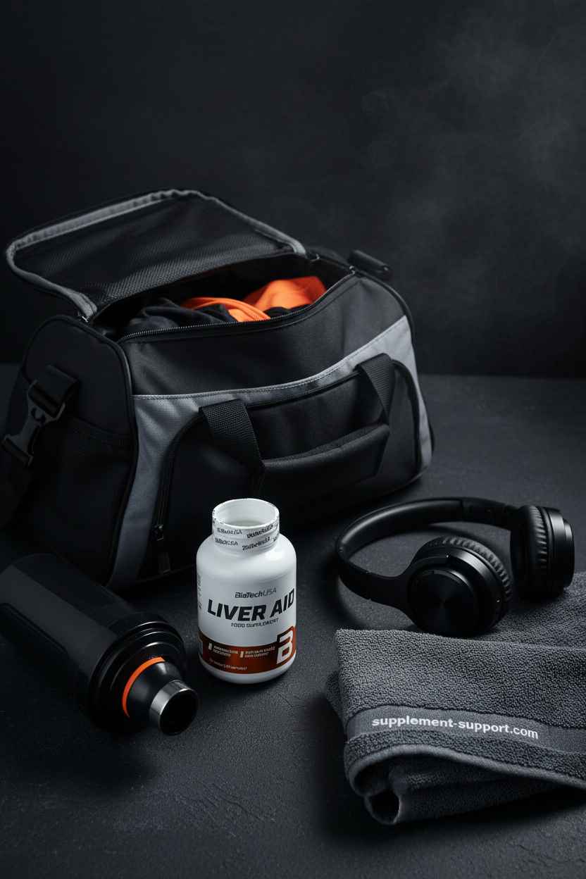 Liver Aid Nahrungsergänzungsmittel neben Sporttasche, Handtuch und Kopfhörern für Fitness & Training