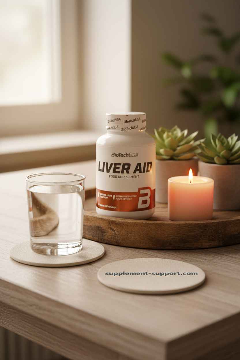 BioTechUSA Liver Aid Nahrungsergänzung mit Wasser und Kerze auf Holztablett, ideal für Sportler und Fitness
