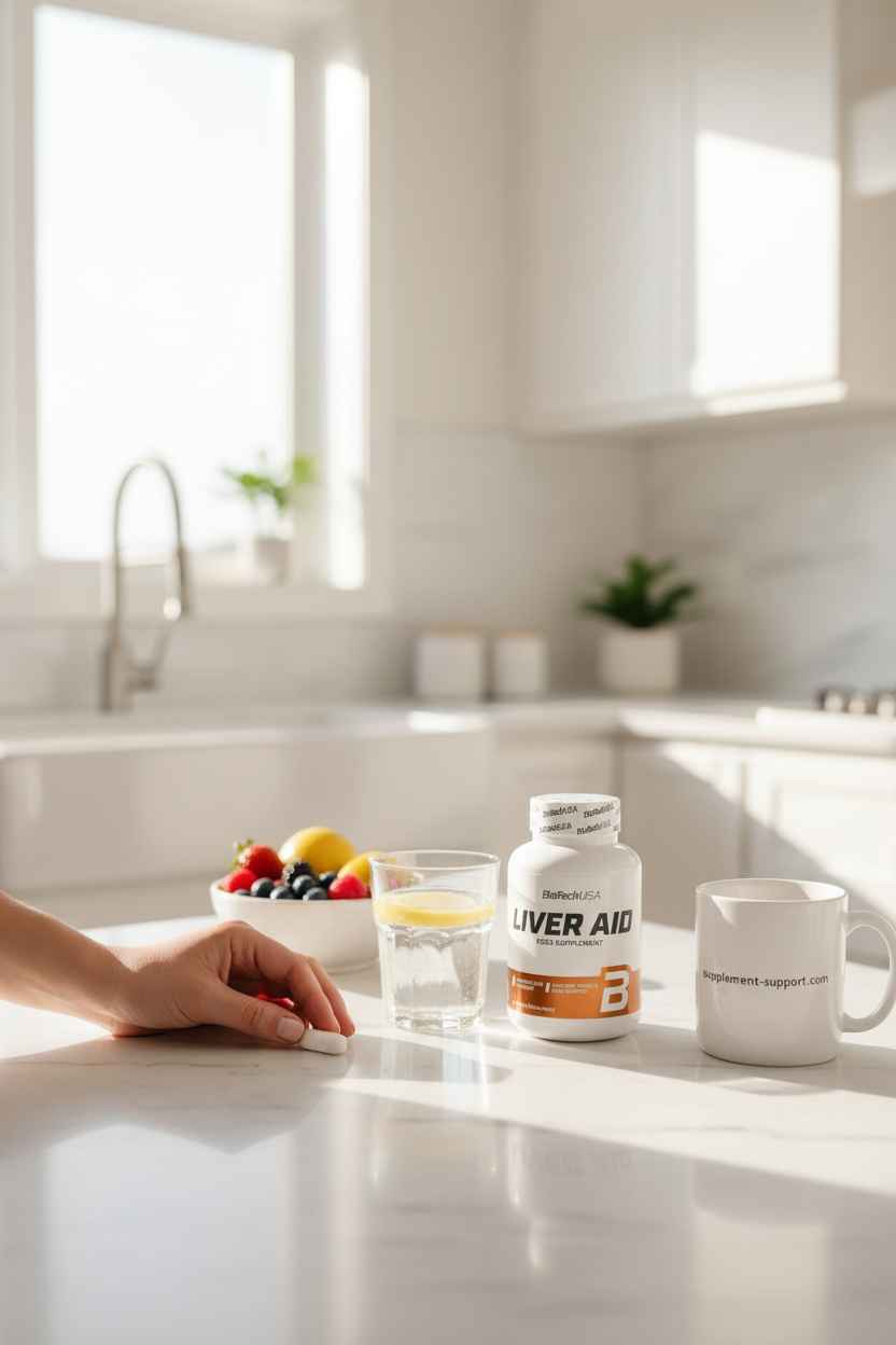 Liver Aid Nahrungsergänzungsmittel in moderner Küche mit Wasser, Beeren und Tasse