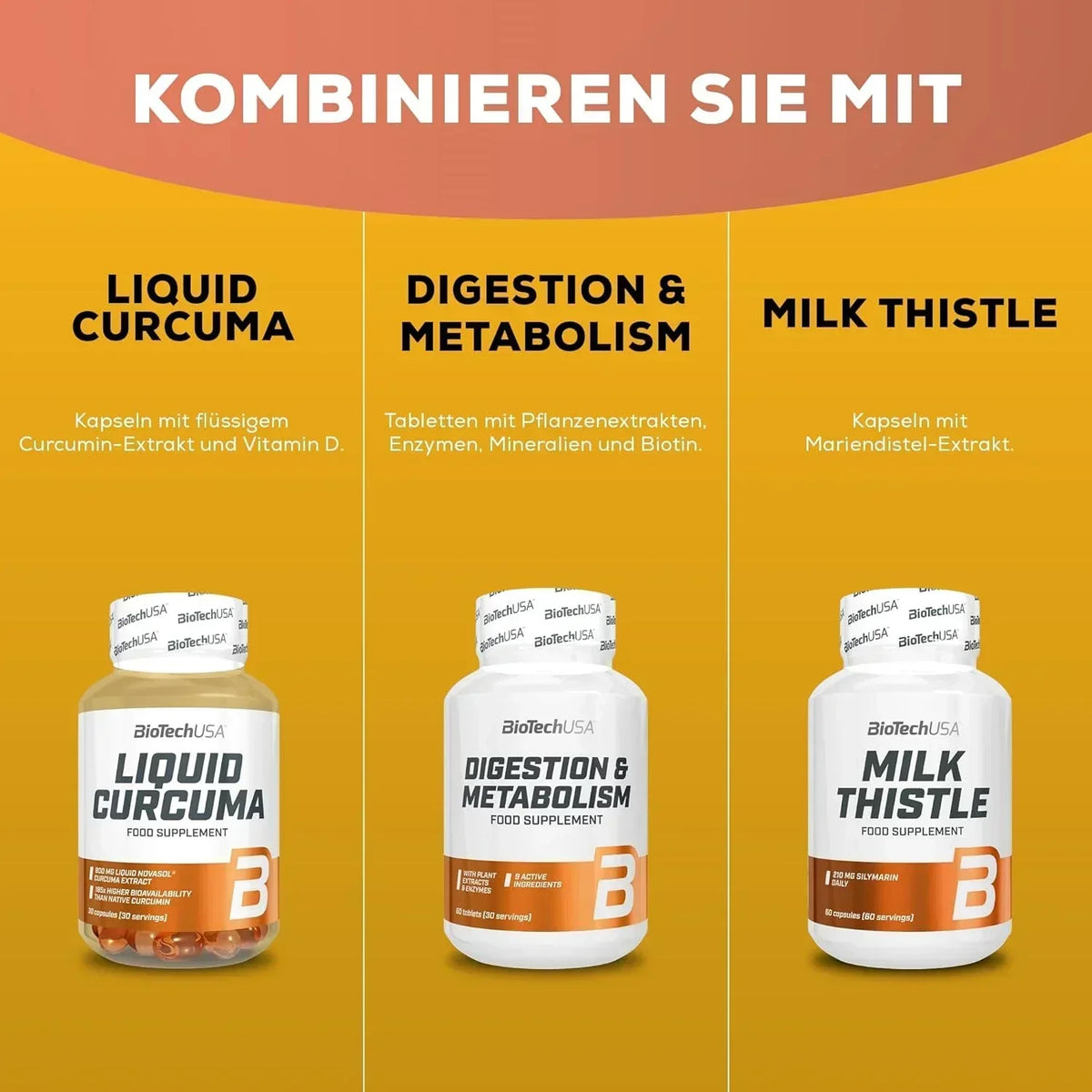 BioTechUSA Nahrungsergänzung: Liquid Curcuma, Digestion & Metabolism, Milk Thistle für Sportler