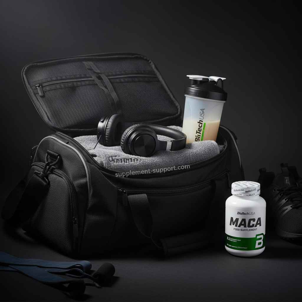 Maca Nahrungsergänzung, Shaker und Sporttasche für Fitness und Training