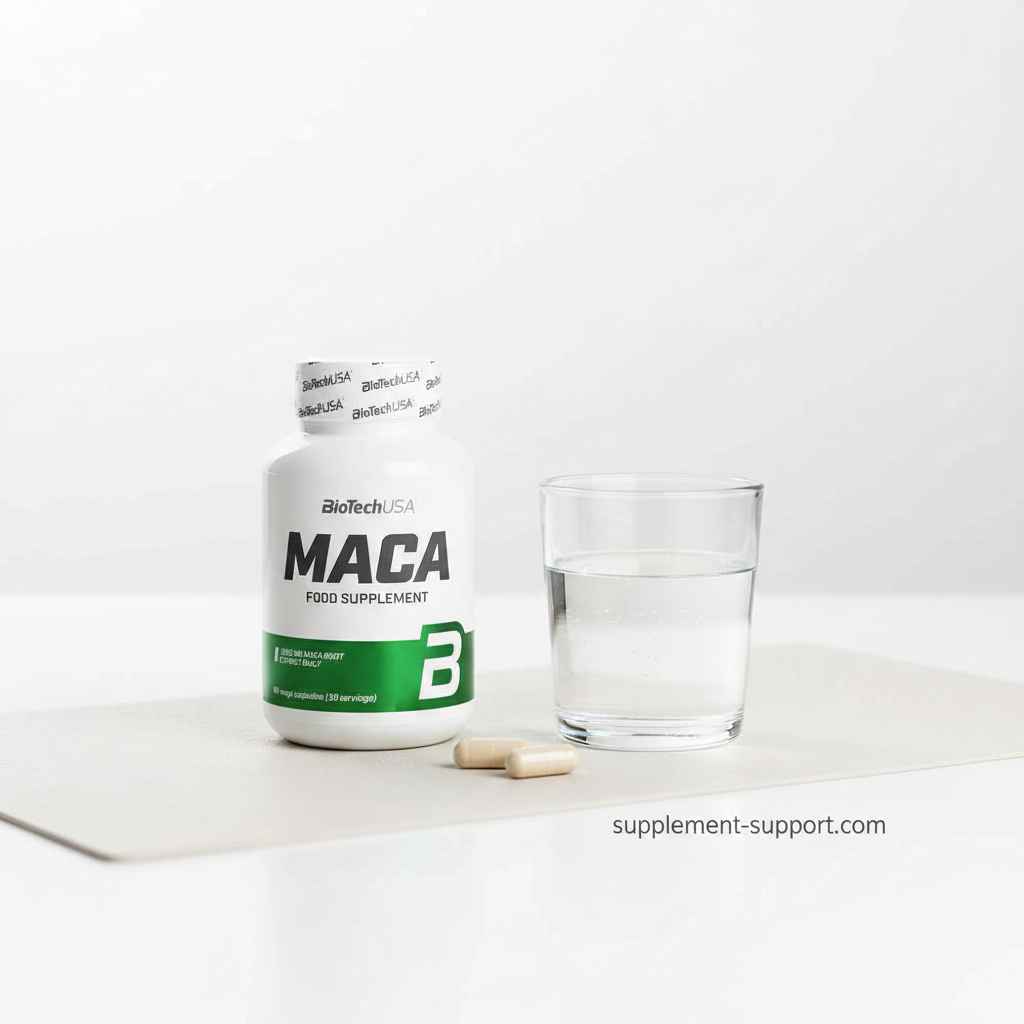 BioTech USA Maca Nahrungsergänzungsmittel mit Kapseln und Wasserglas, ideal für Sportler und Fitness