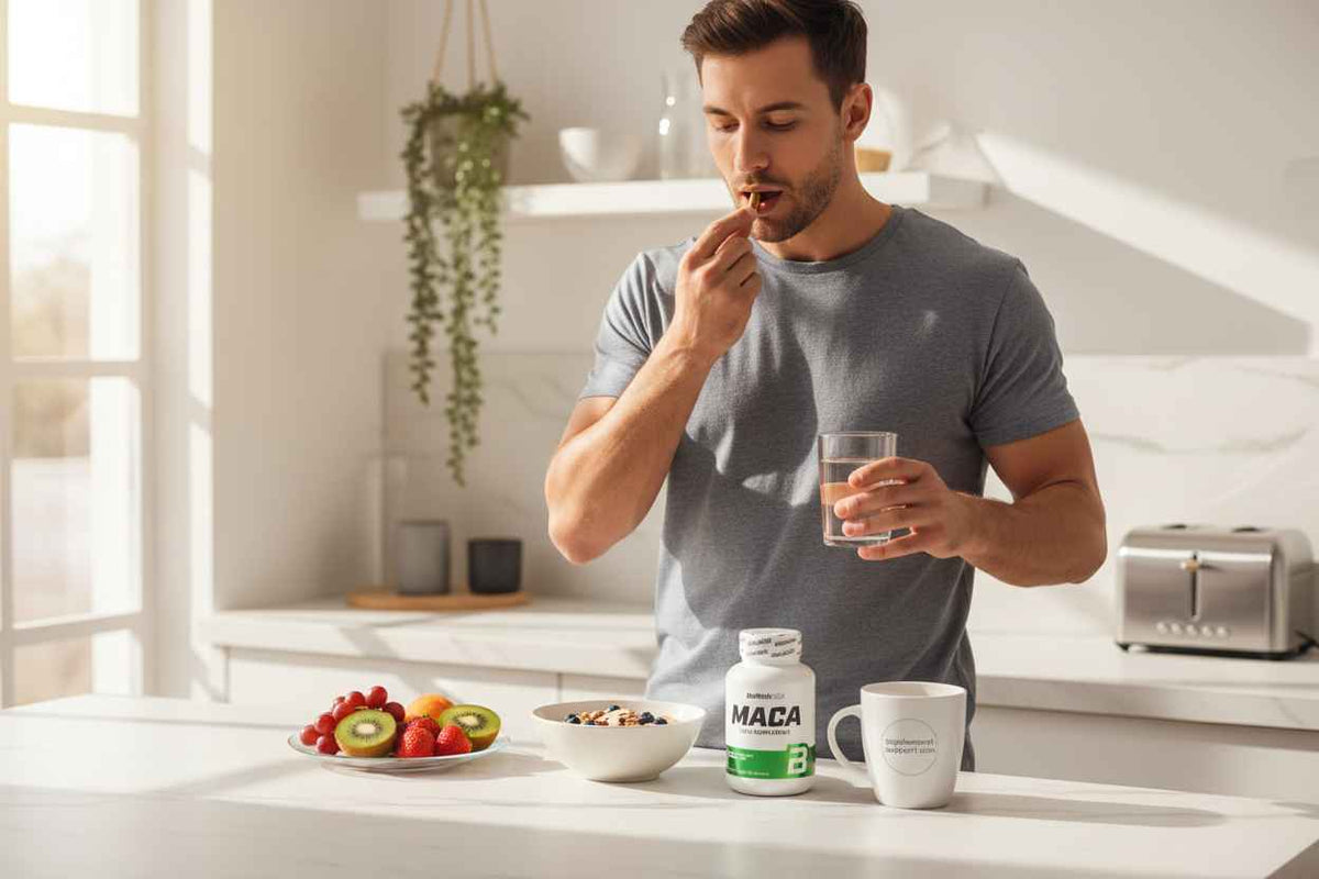 Mann nimmt Maca-Kapsel mit Wasser ein, gesunde Ernährung und Sportnahrung
