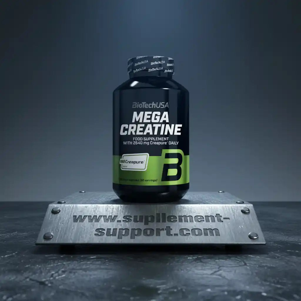 BioTechUSA Mega Creatine Nahrungsergänzung für Sportler auf metallenem Untergrund